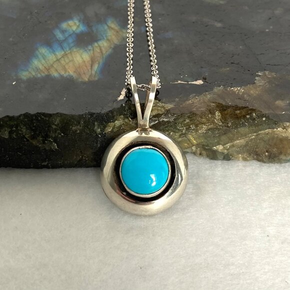 VTG Sterling Silver 925 ML Perry Navajo Southwest Turquoise Pendant Necklace 18" - Picture 4 of 16